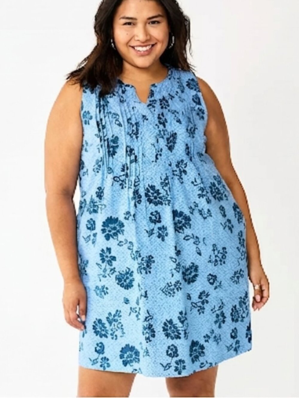 Sonoma Women's Size 4X Blue Floral Linen Blend Sleeveless Pintuck Tank Dress